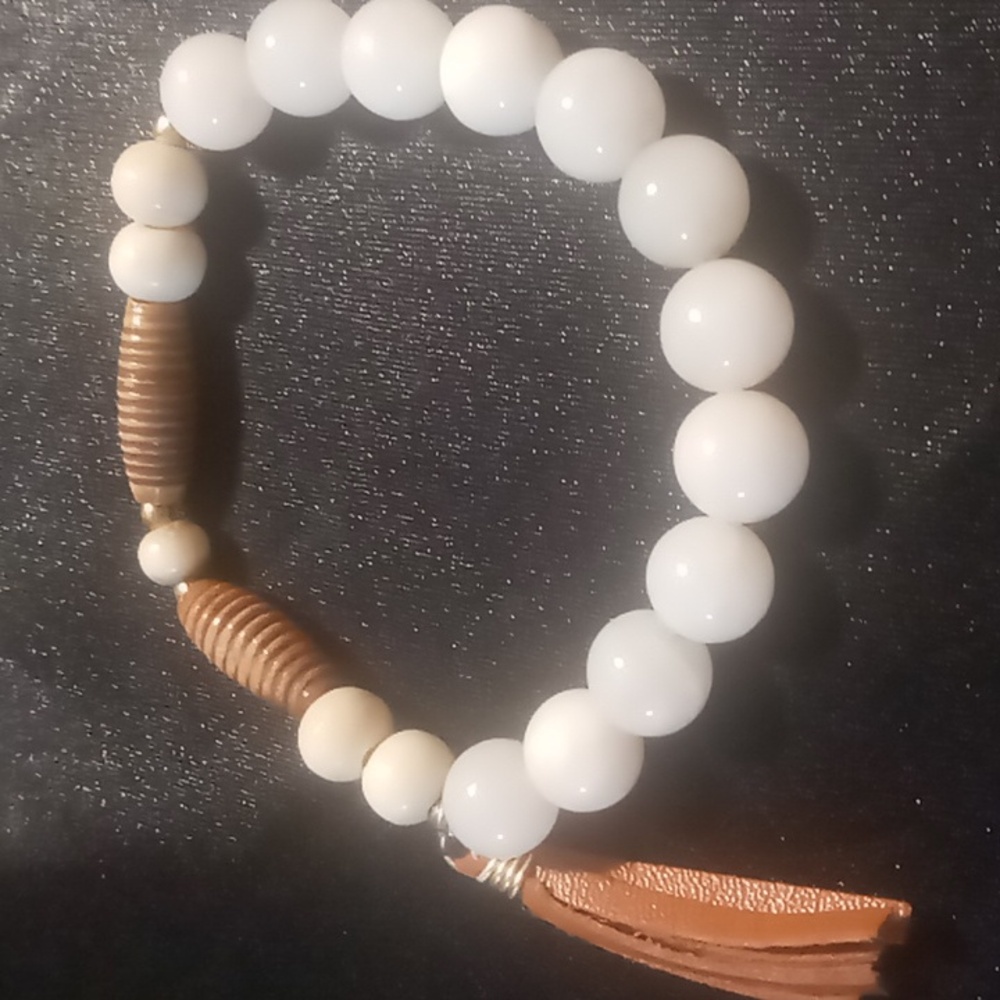 Men's Glass, Coral, wooden beaded Bracelet with leather tassel EX Lg. Expandable